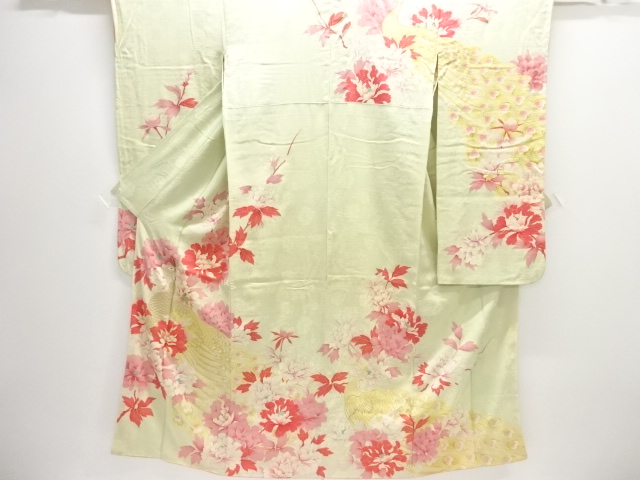 JAPANESE KIMONO / ANTIQUE FURISODE / SILK / EMBROIDERY / PEACOCK & PEONY